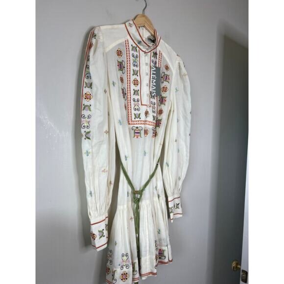 NWT Alemais Lovella Embroidered Cotton Blouson Sleeves White Tie Mini Dress - Picture 3 of 9